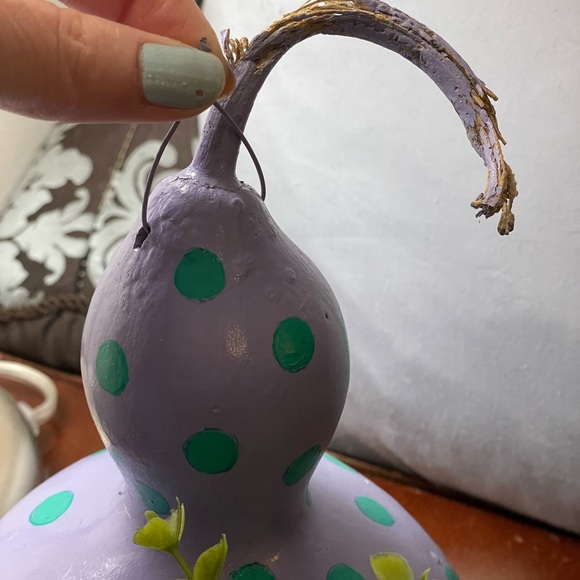Hand crafted painted dried gourd planter purple aqua blue dots faux succulents - Picture 9 of 16